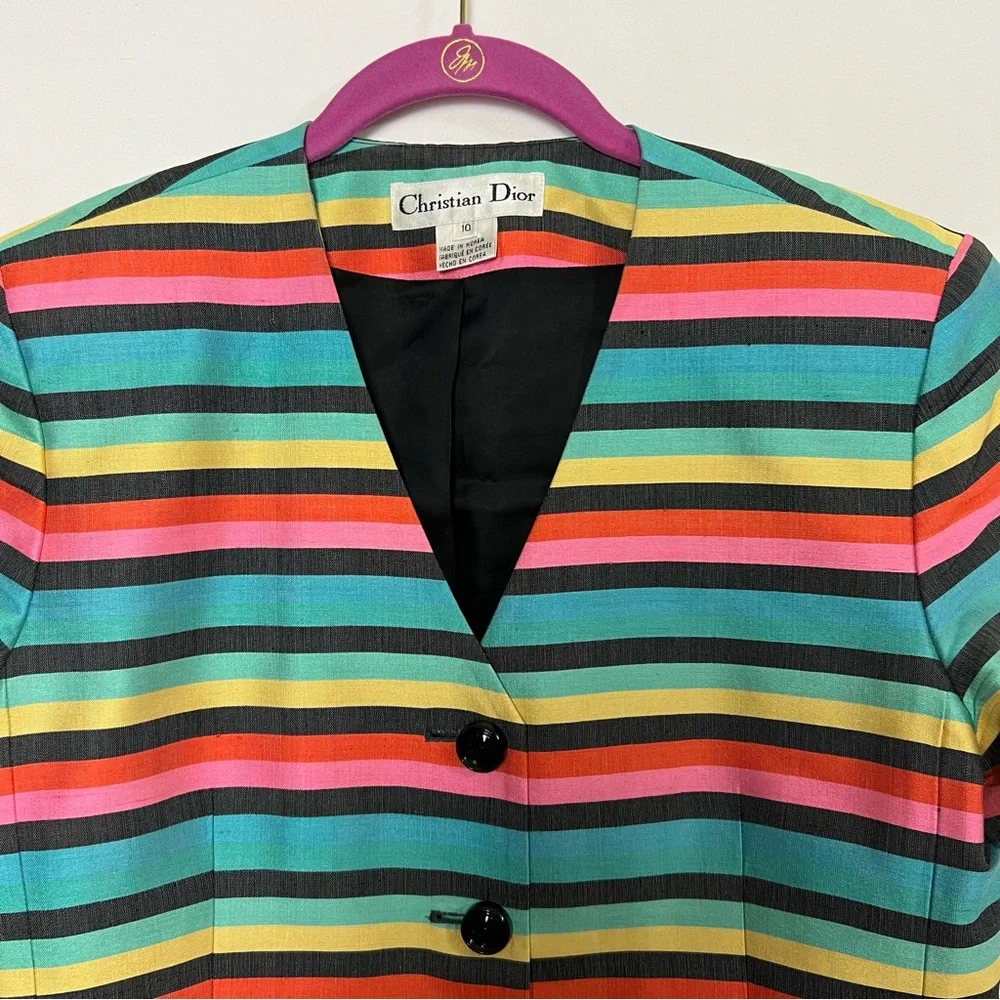 Vintage 1990s Christian Dior Colorful Stripe Two Button Silk Jacket US 10